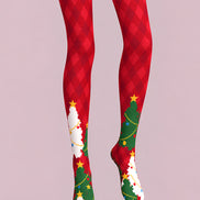 Red Argyle Christmas Tree Print Festive Tights L610-20