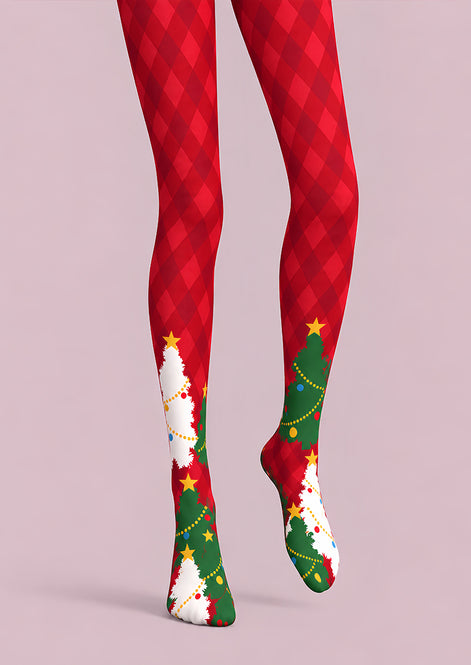 Red Argyle Christmas Tree Print Festive Tights L610-20