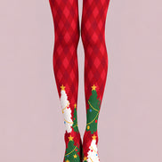 Red Argyle Christmas Tree Print Festive Tights L610-20
