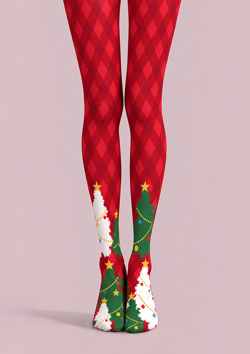 Red Argyle Christmas Tree Print Festive Tights L610-20