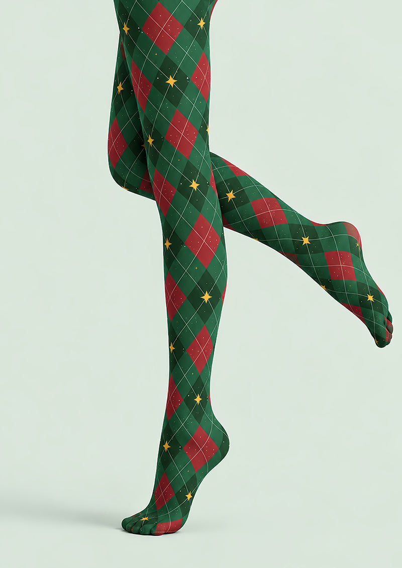 Green Red Argyle Star Print Tights Pantyhose L610-23