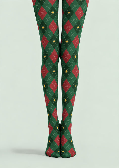 Green Red Argyle Star Print Tights Pantyhose L610-23