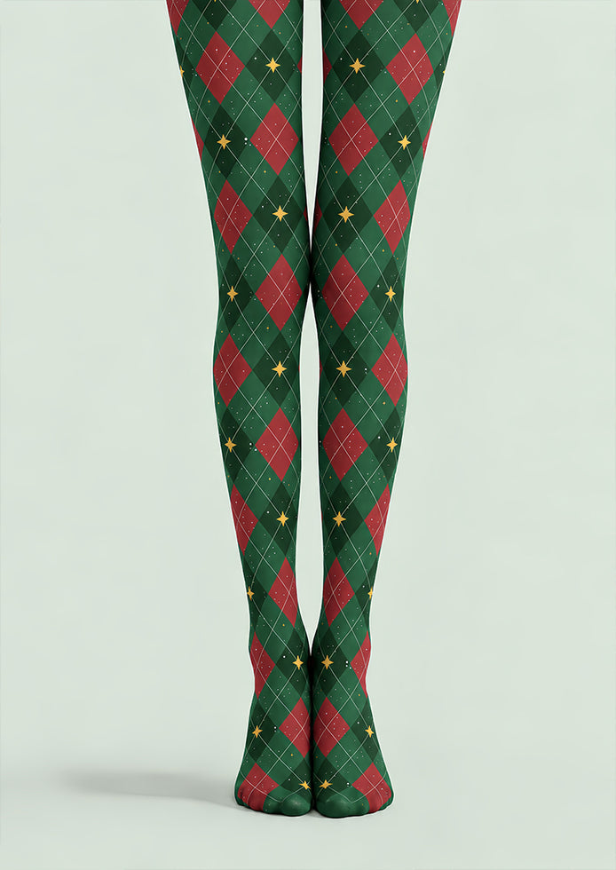 Green Red Argyle Star Print Tights Pantyhose L610-23