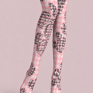 Pink Floral Houndstooth Pattern Tights Hosiery Pantyhose L610-24