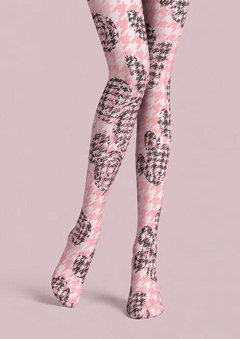 Pink Floral Houndstooth Pattern Tights Hosiery Pantyhose L610-24