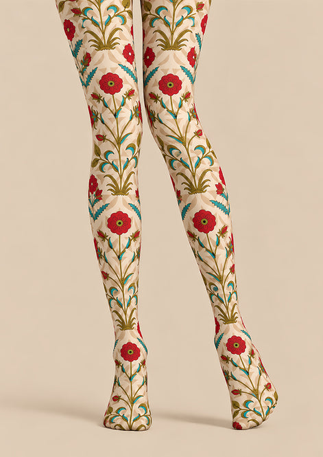 Cream Red Floral Print Tights Hosiery Pantyhose L610-25