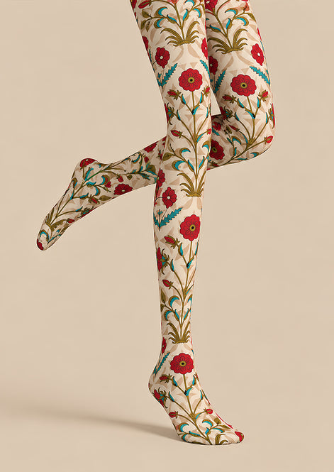 Cream Red Floral Print Tights Hosiery Pantyhose L610-25