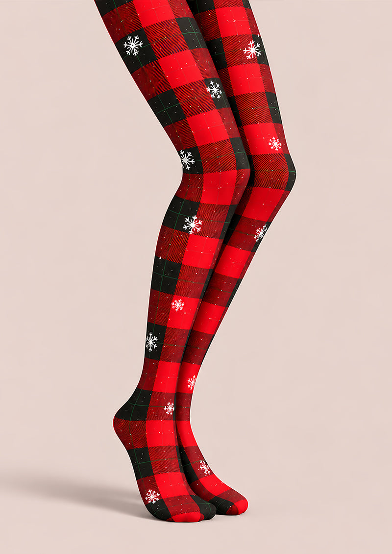 Christmas Plaid Tights Red Black Snowflake Print L610-33