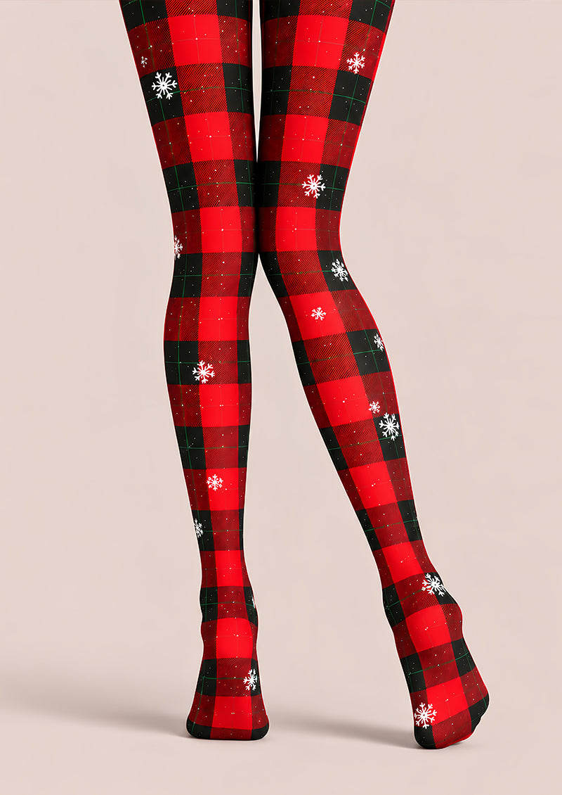 Christmas Plaid Tights Red Black Snowflake Print L610-33