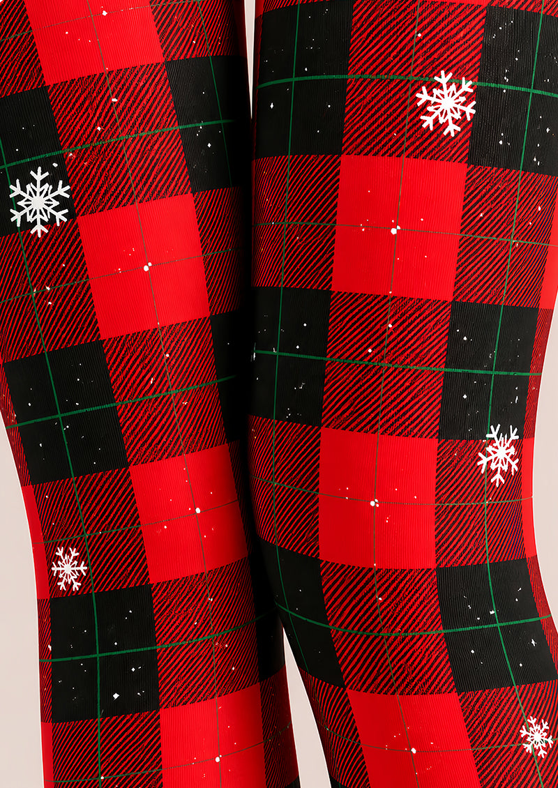 Christmas Plaid Tights Red Black Snowflake Print L610-33