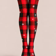 Christmas Plaid Tights Red Black Snowflake Print L610-33