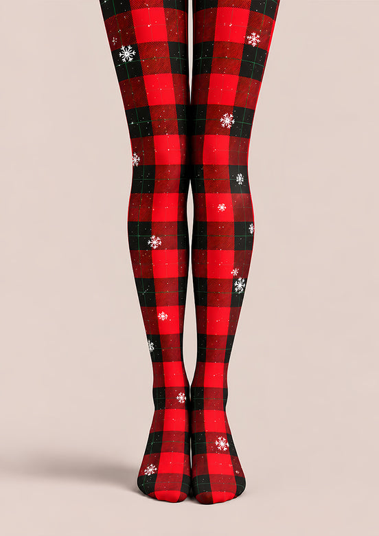 Christmas Plaid Tights Red Black Snowflake Print L610-33