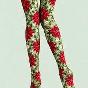 Christmas Red Poinsettia Floral Print Tights L610-4