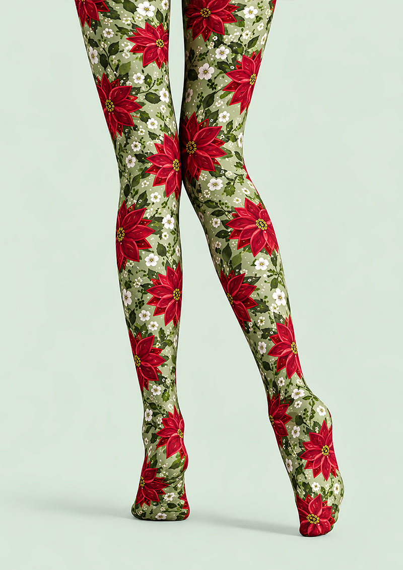 Christmas Red Poinsettia Floral Print Tights L610-4