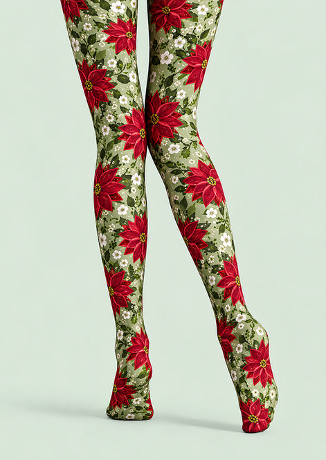 Christmas Red Poinsettia Floral Print Tights L610-4