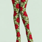 Christmas Red Poinsettia Floral Print Tights L610-4