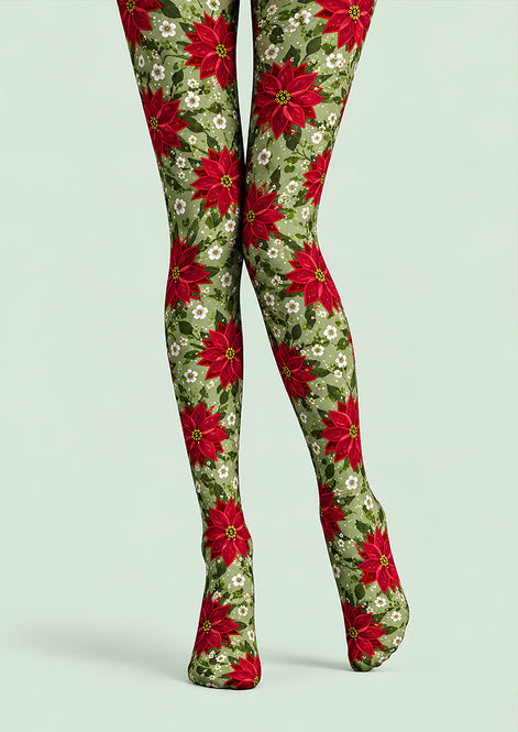 Christmas Red Poinsettia Floral Print Tights L610-4