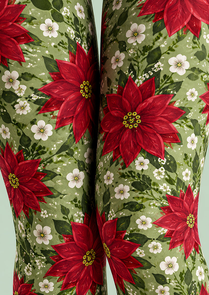 Christmas Red Poinsettia Floral Print Tights L610-4