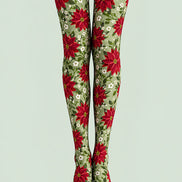 Christmas Red Poinsettia Floral Print Tights L610-4