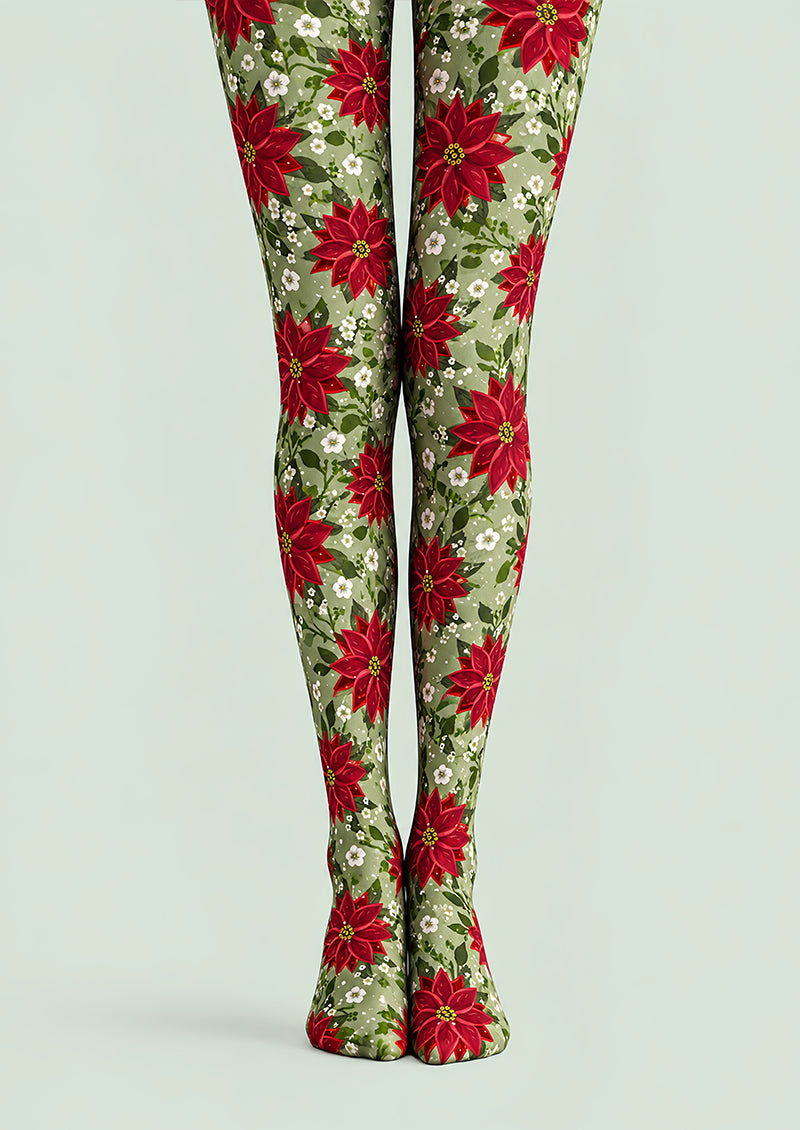 Christmas Red Poinsettia Floral Print Tights L610-4