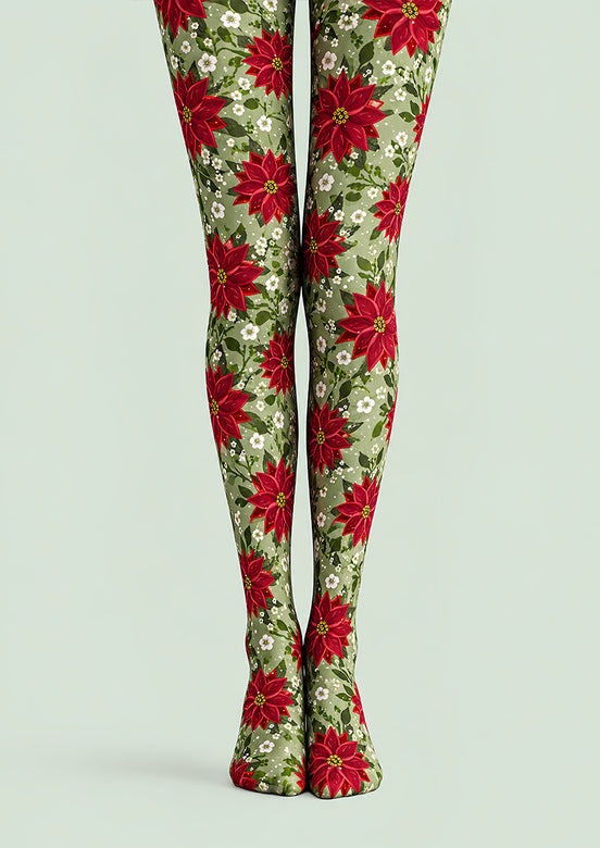 Christmas Red Poinsettia Floral Print Tights L610-4