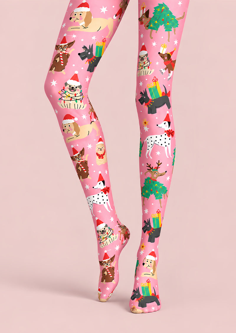 Christmas Cartoon Pink Puppy Festive Print Tights L610-5