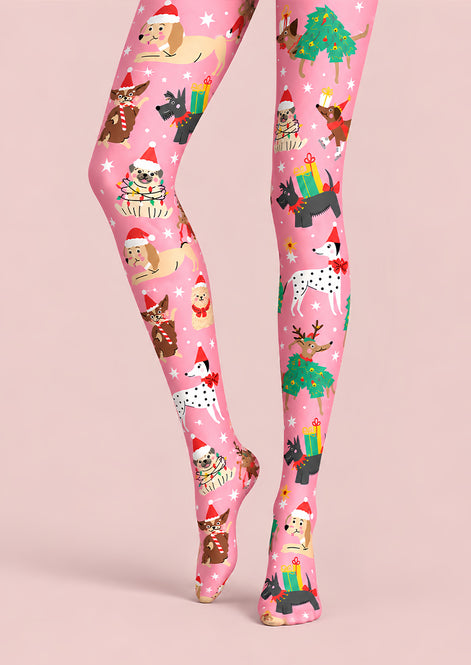 Christmas Cartoon Pink Puppy Festive Print Tights L610-5