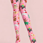 Christmas Cartoon Pink Puppy Festive Print Tights L610-5