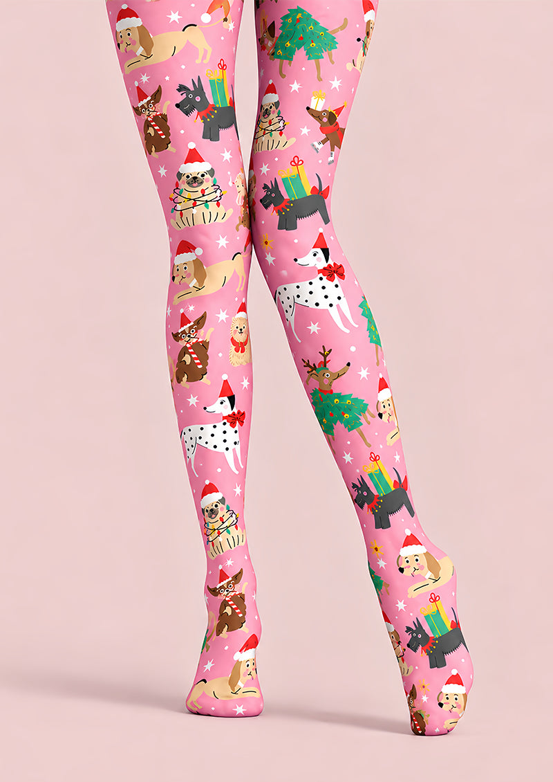 Christmas Cartoon Pink Puppy Festive Print Tights L610-5