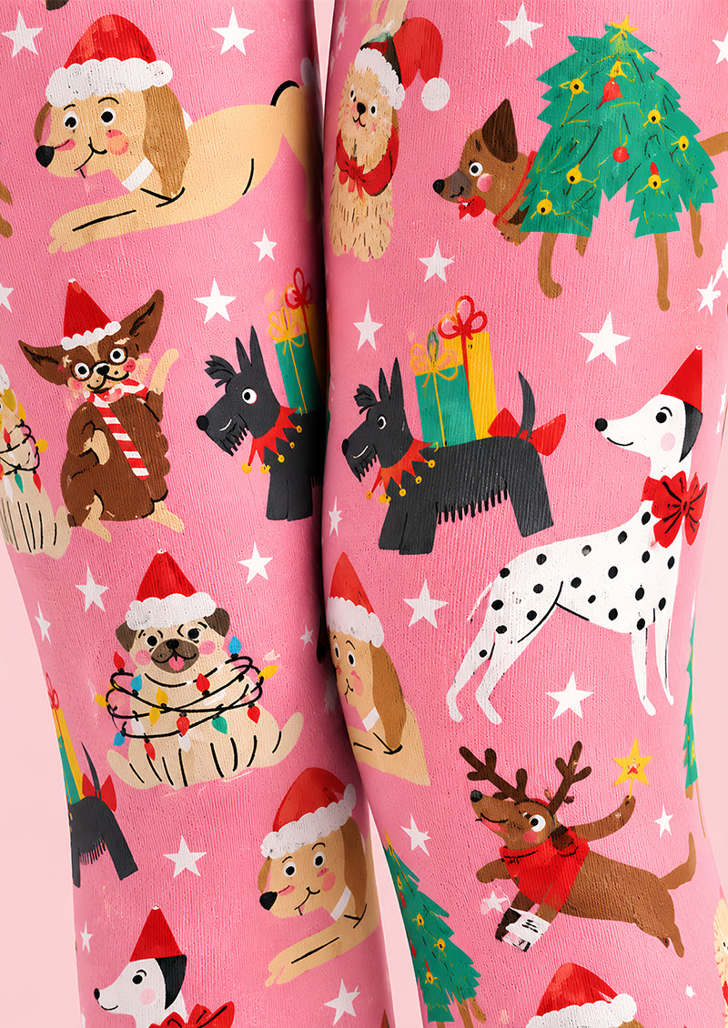 Christmas Cartoon Pink Puppy Festive Print Tights L610-5