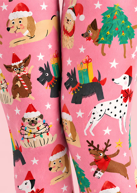Christmas Cartoon Pink Puppy Festive Print Tights L610-5