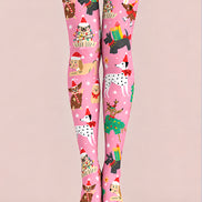 Christmas Cartoon Pink Puppy Festive Print Tights L610-5
