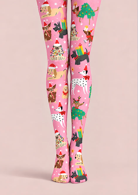 Christmas Cartoon Pink Puppy Festive Print Tights L610-5