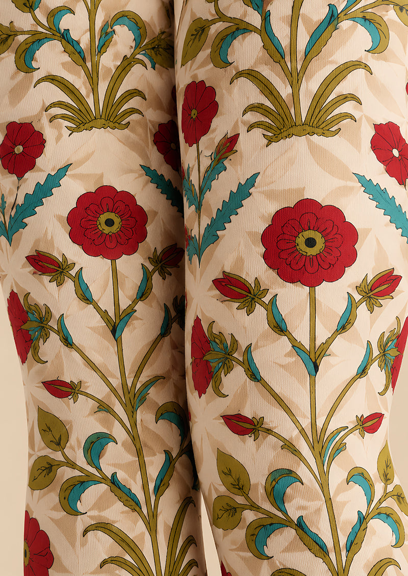 Cream Red Floral Print Tights Hosiery Pantyhose L610-6
