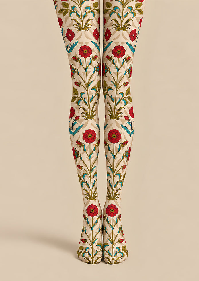 Cream Red Floral Print Tights Hosiery Pantyhose L610-6