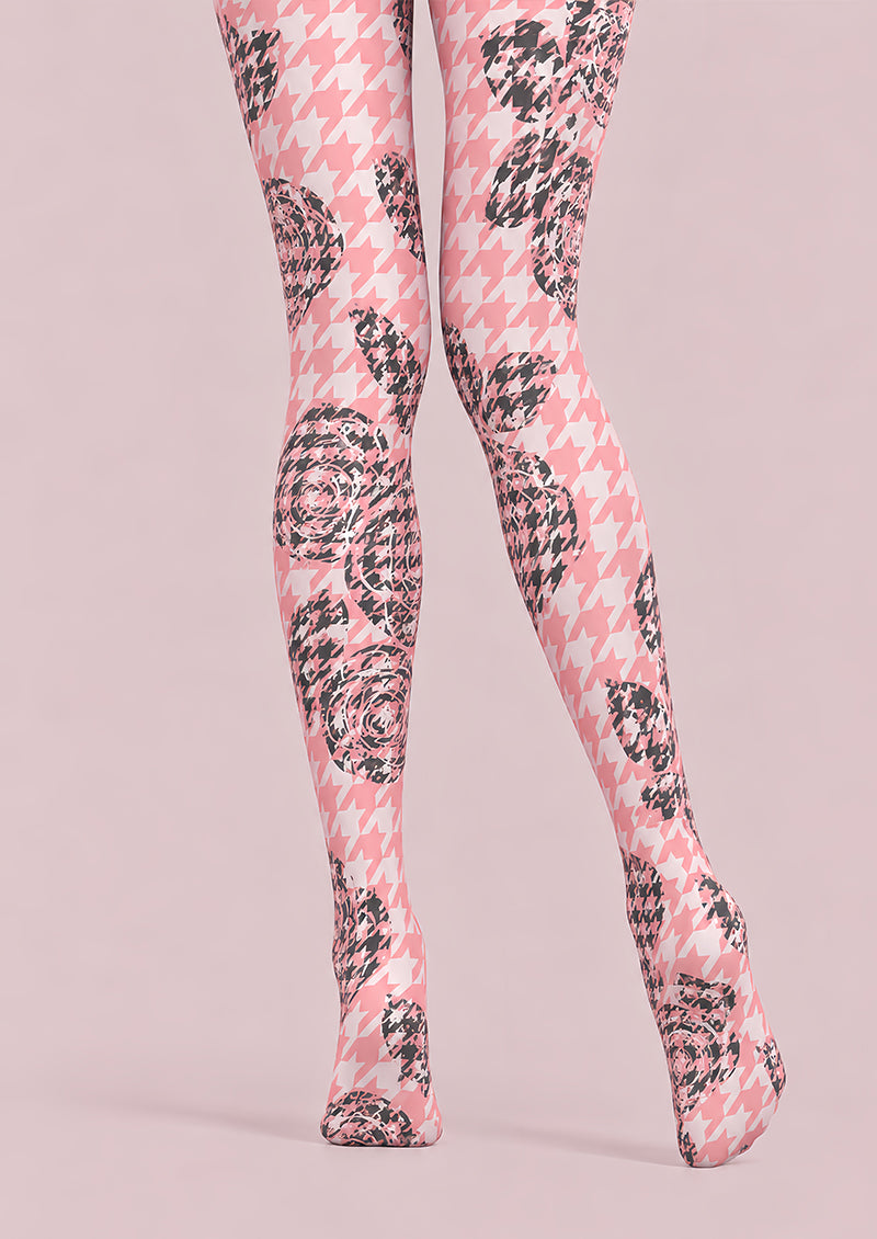 Pink Floral Houndstooth Pattern Tights Hosiery Pantyhose L610-7
