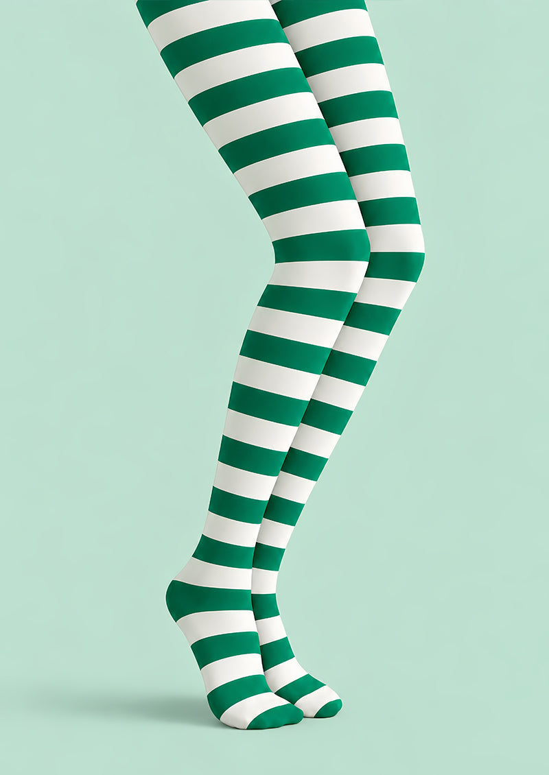 Green White Striped Festive Tights Hosiery Pantyhose L610-7
