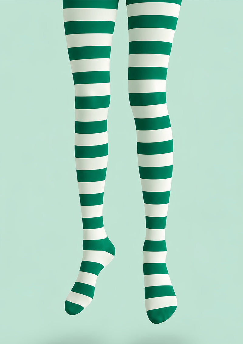 Green White Striped Festive Tights Hosiery Pantyhose L610-7