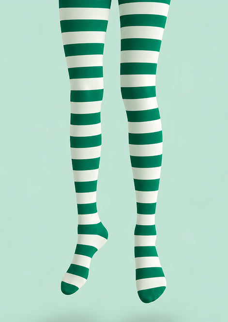 Green White Striped Festive Tights Hosiery Pantyhose L610-7