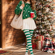 Green White Striped Festive Tights Hosiery Pantyhose L610-7