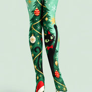 Black Cat Christmas Tree Print Tights Pantyhose L610-9