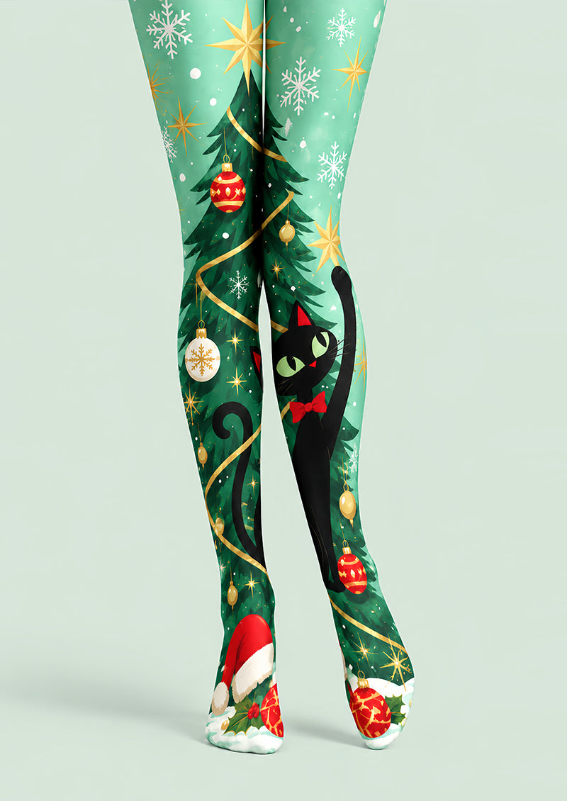 Black Cat Christmas Tree Print Tights Pantyhose L610-9