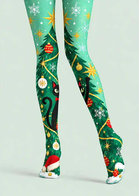 Black Cat Christmas Tree Print Tights Pantyhose L610-9