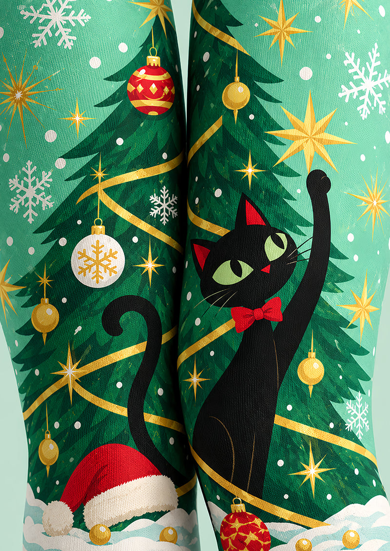 Black Cat Christmas Tree Print Tights Pantyhose L610-9