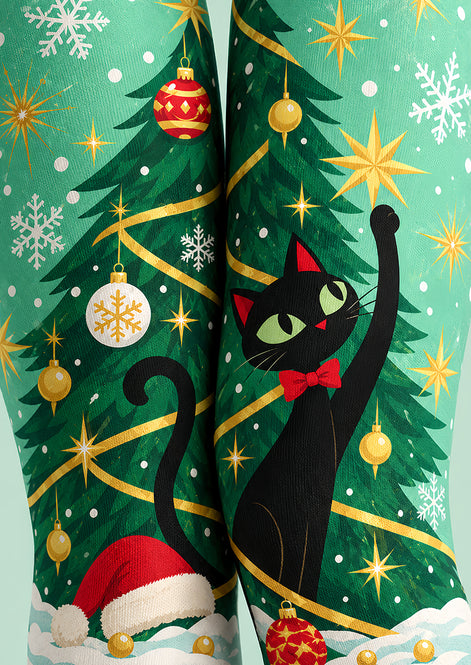 Black Cat Christmas Tree Print Tights Pantyhose L610-9