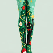 Black Cat Christmas Tree Print Tights Pantyhose L610-9
