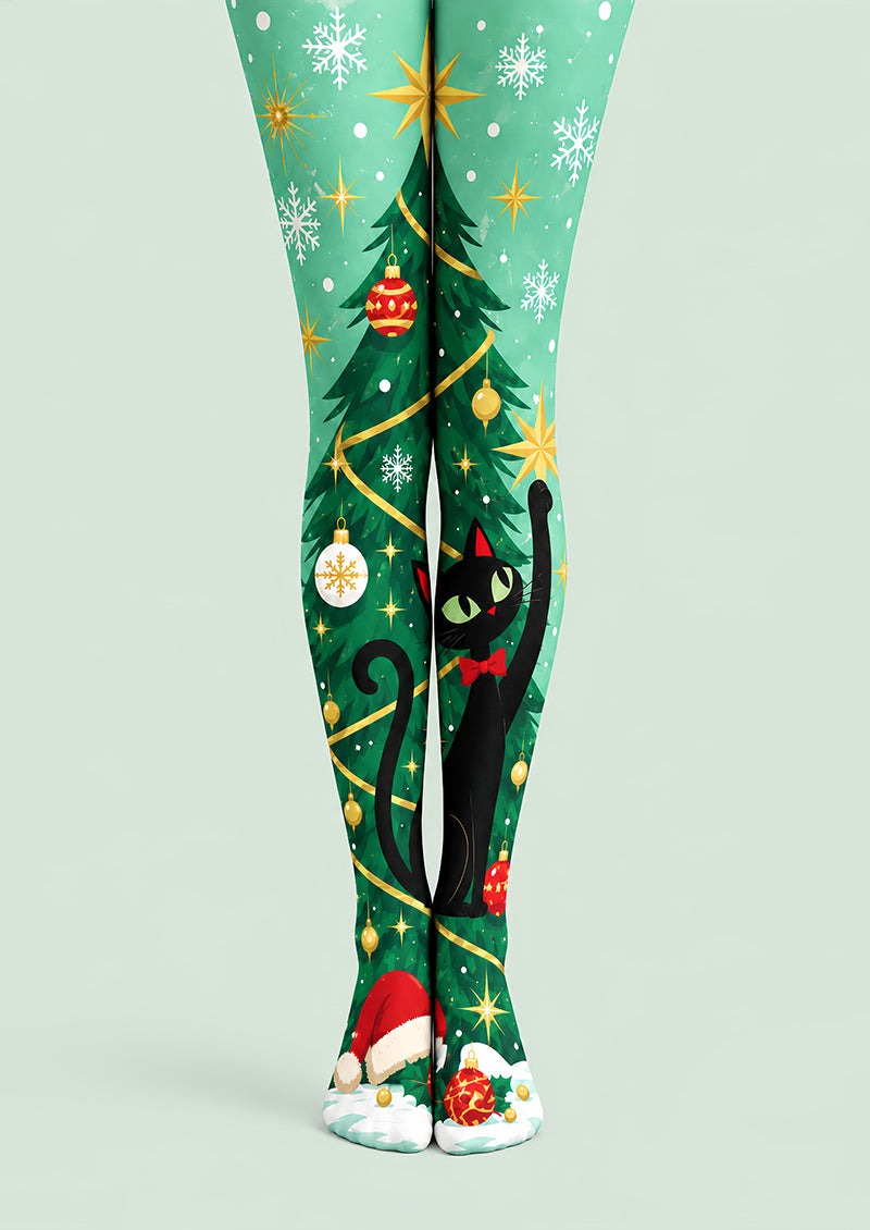 Black Cat Christmas Tree Print Tights Pantyhose L610-9