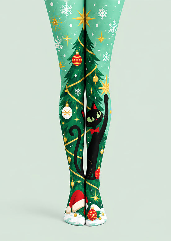 Black Cat Christmas Tree Print Tights Pantyhose L610-9