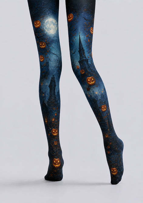 Haunted Pumpkin Cottage Halloween Patterned Tights L67-10