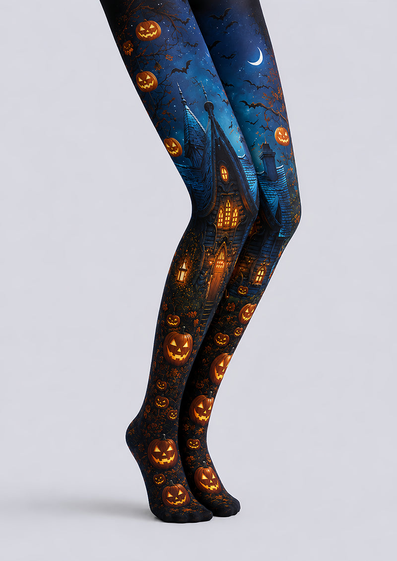 Haunted Pumpkin Cottage Halloween Patterned Tights L67-10